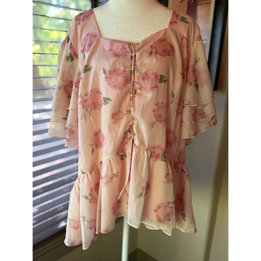 Ivy City Co Blouse 3XL Women Pink Chiffon Rose Floral Lace Up Cottagecore